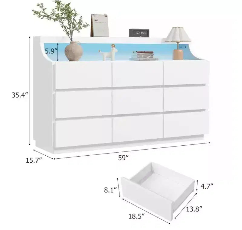 Cassettiera in legno a 9 cassetti da 150 cm, Bianco/Nero, Adulti