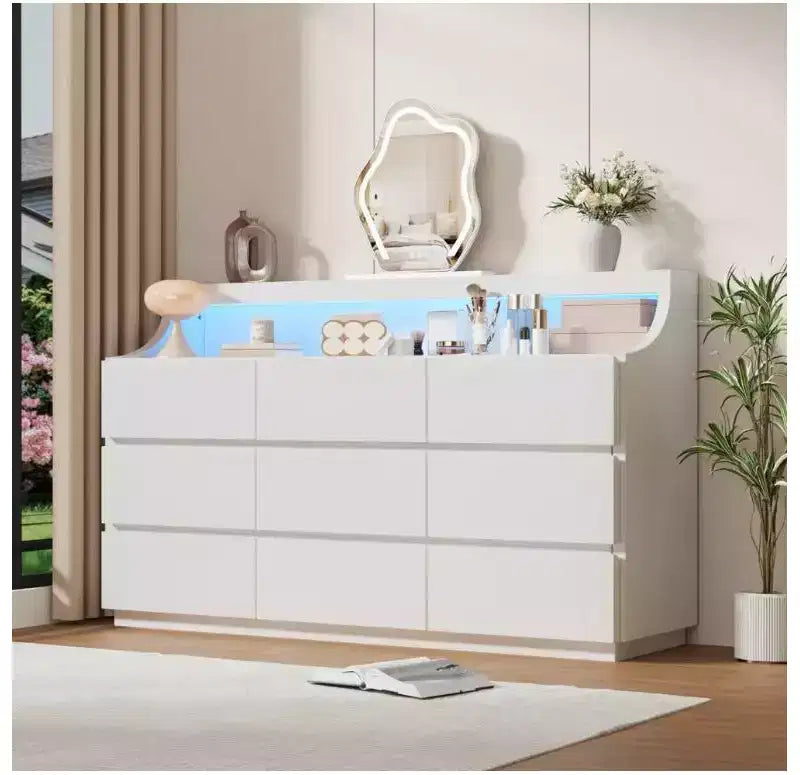 Cassettiera in legno a 9 cassetti da 150 cm, Bianco/Nero, Adulti