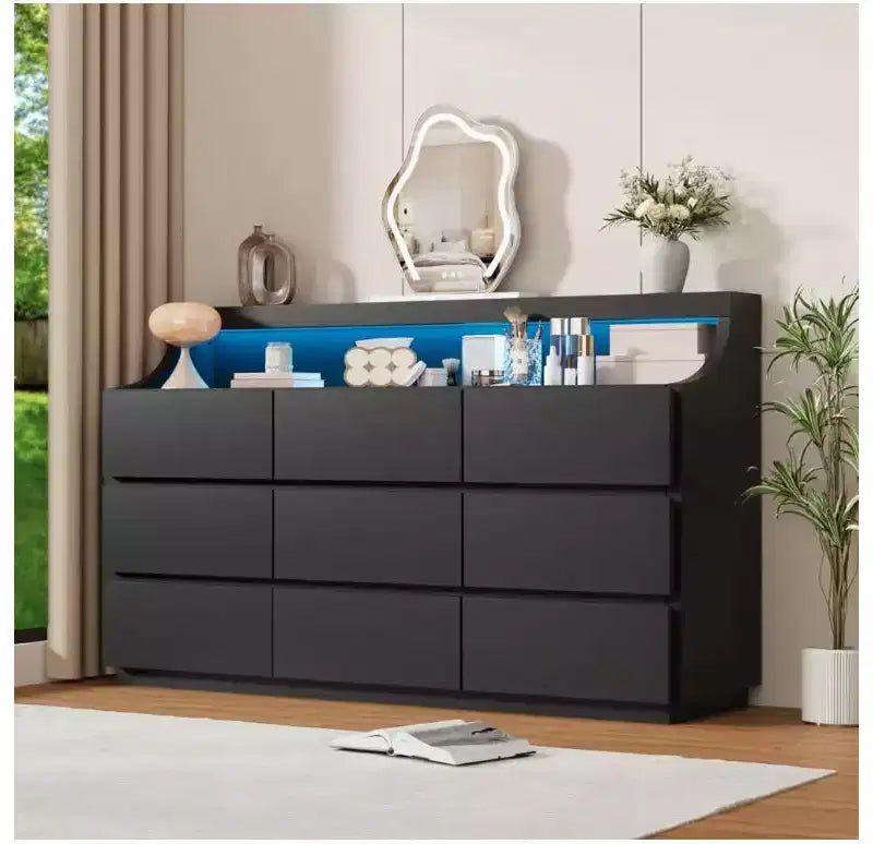 Cassettiera in legno a 9 cassetti da 150 cm, Bianco/Nero, Adulti