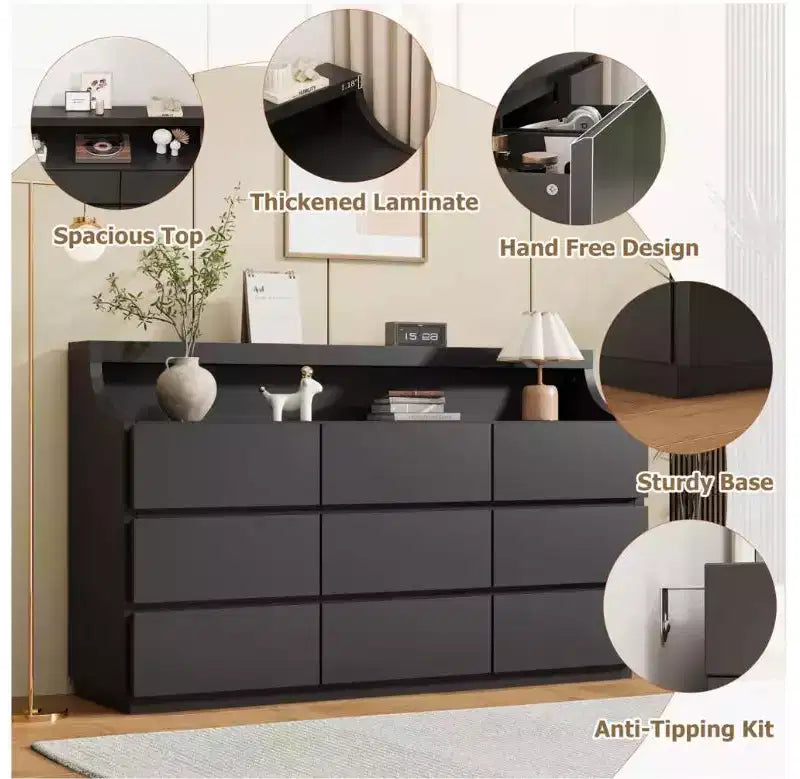 Cassettiera in legno a 9 cassetti da 150 cm, Bianco/Nero, Adulti