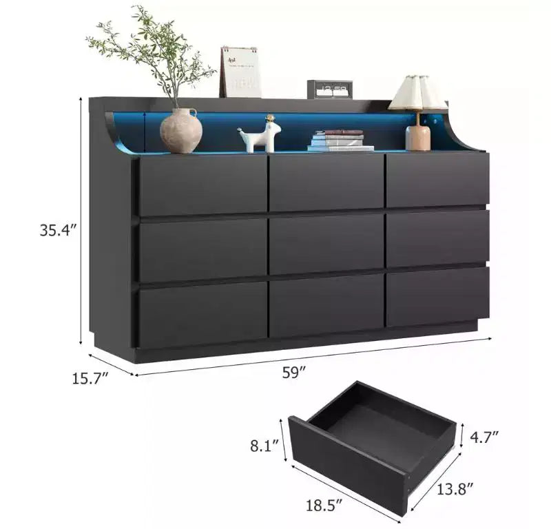 Cassettiera in legno a 9 cassetti da 150 cm, Bianco/Nero, Adulti
