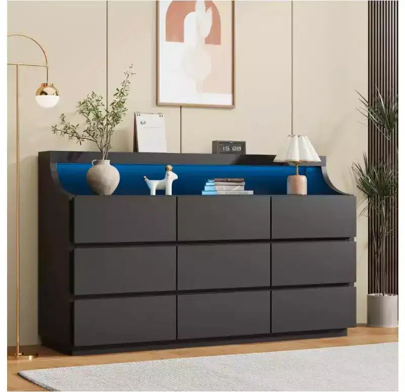 Cassettiera in legno a 9 cassetti da 150 cm, Bianco/Nero, Adulti