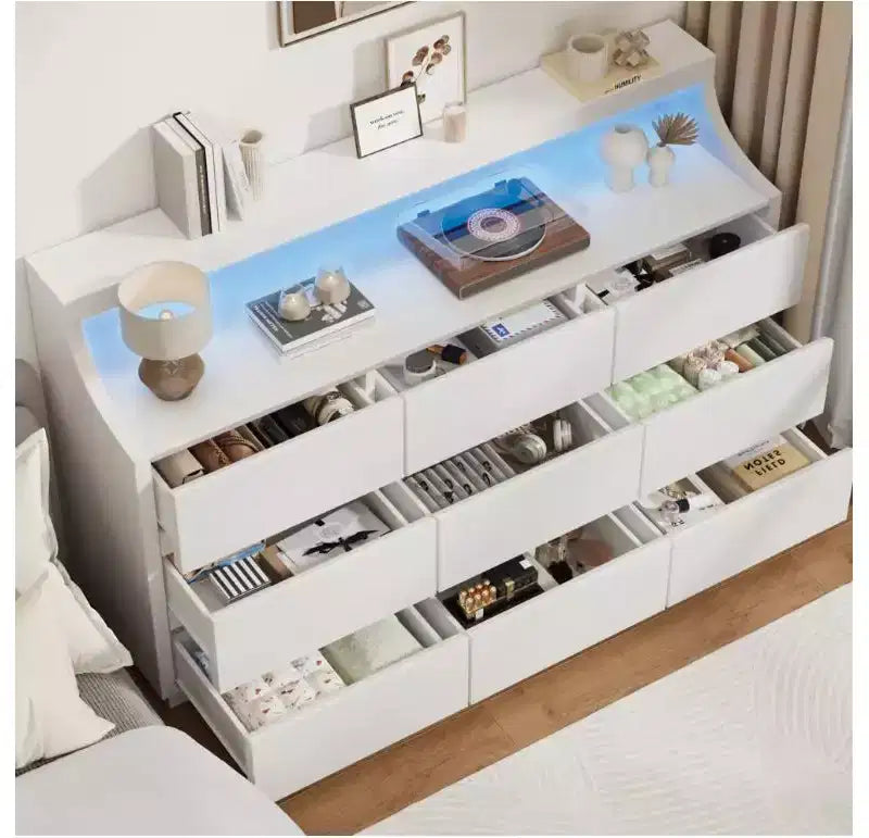 Cassettiera in legno a 9 cassetti da 150 cm, Bianco/Nero, Adulti
