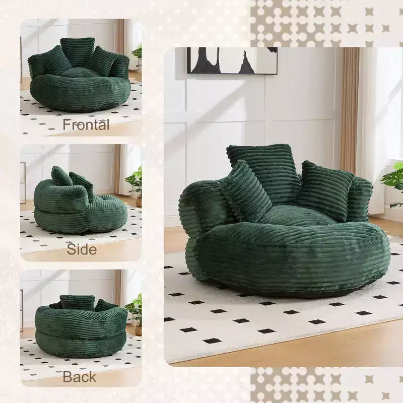 Poltrona sacco in velluto a coste oversize con 3 cuscini e braccioli, schienale alto, sedile singolo, colori multipli