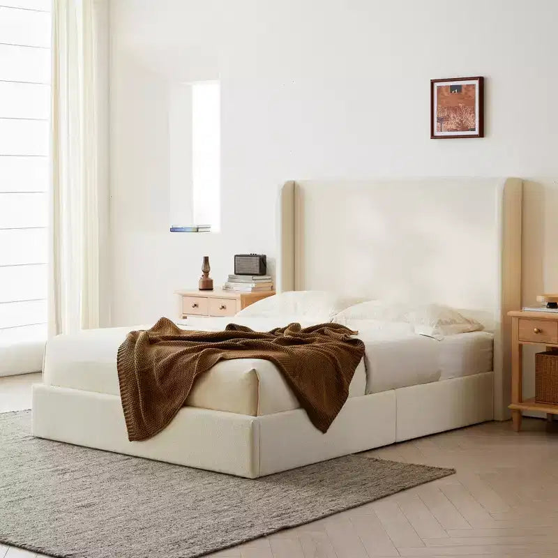 Letto king-size imbottito con testiera ad ali, con base a piattaforma per 2 adulti
