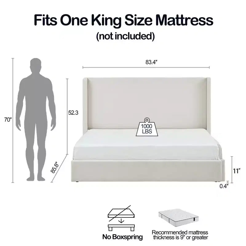 Letto king-size imbottito con testiera ad ali, con base a piattaforma per 2 adulti