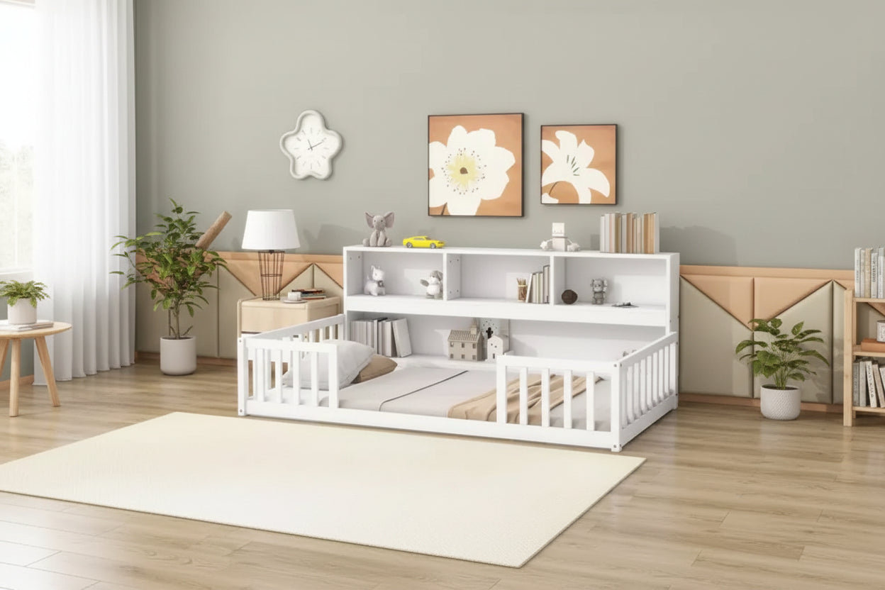 MAYEERTY Full Bed Frame Soft-Close Drawers Solid Pine Wood No Box Spring Needed