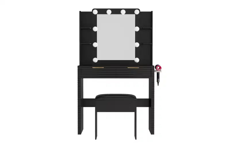 Scrivania da trucco illuminata nera con specchio, 2 cassetti, sgabello per 1 persona
