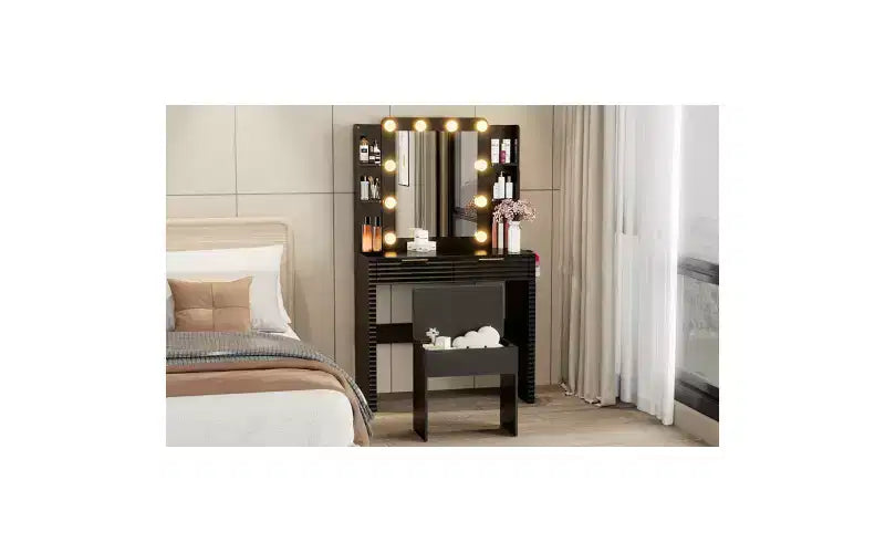 Scrivania da trucco illuminata nera con specchio, 2 cassetti, sgabello per 1 persona
