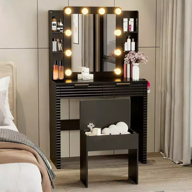 Scrivania da trucco illuminata nera con specchio, 2 cassetti, sgabello per 1 persona