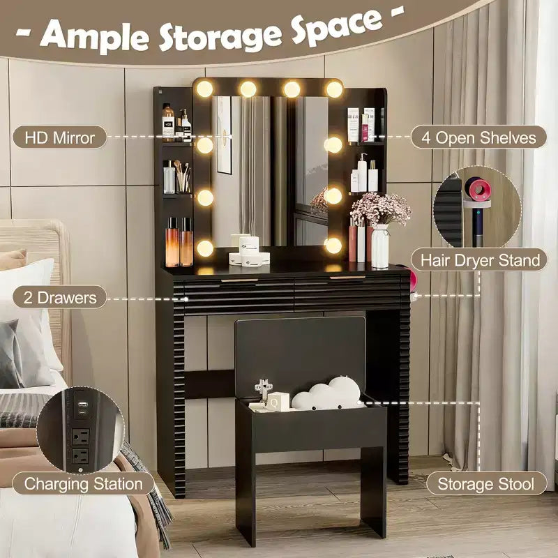 Scrivania da trucco illuminata nera con specchio, 2 cassetti, sgabello per 1 persona