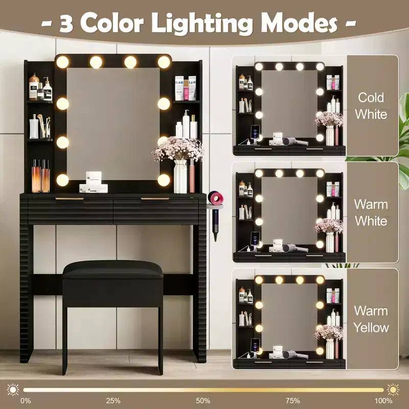 Scrivania da trucco illuminata nera con specchio, 2 cassetti, sgabello per 1 persona