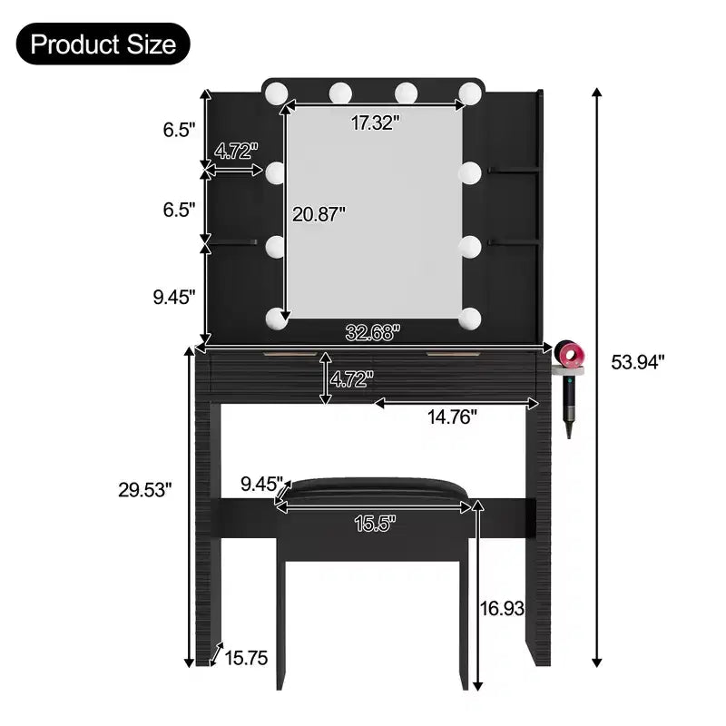 Scrivania da trucco illuminata nera con specchio, 2 cassetti, sgabello per 1 persona