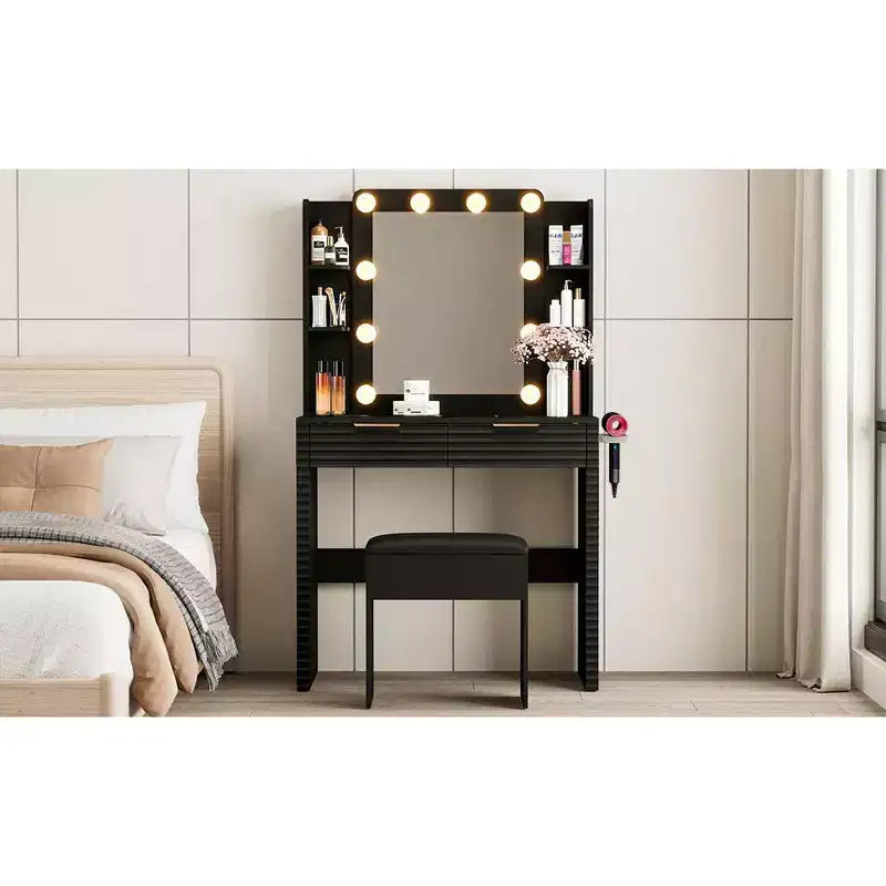 Scrivania da trucco illuminata nera con specchio, 2 cassetti, sgabello per 1 persona