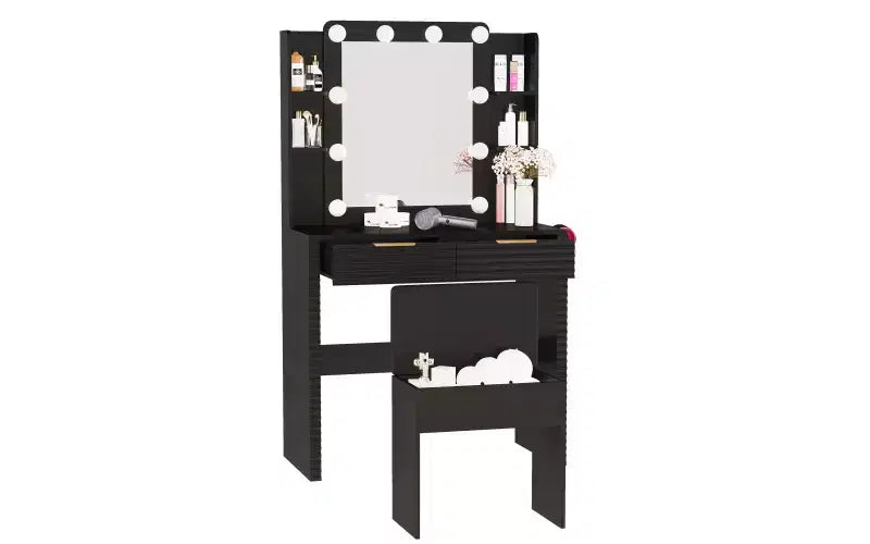 Scrivania da trucco illuminata nera con specchio, 2 cassetti, sgabello per 1 persona