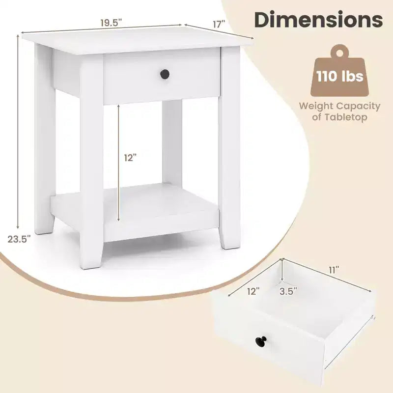 Comodino a 3 ripiani bianco/nero con cassetto e ripiano aperto, 1 o 2 pz