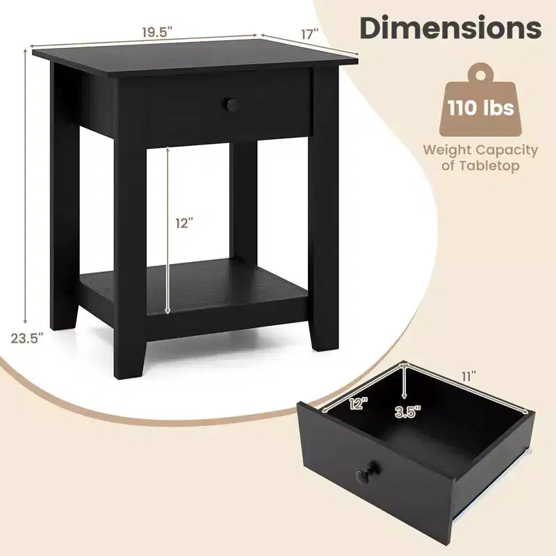 Comodino a 3 ripiani bianco/nero con cassetto e ripiano aperto, 1 o 2 pz