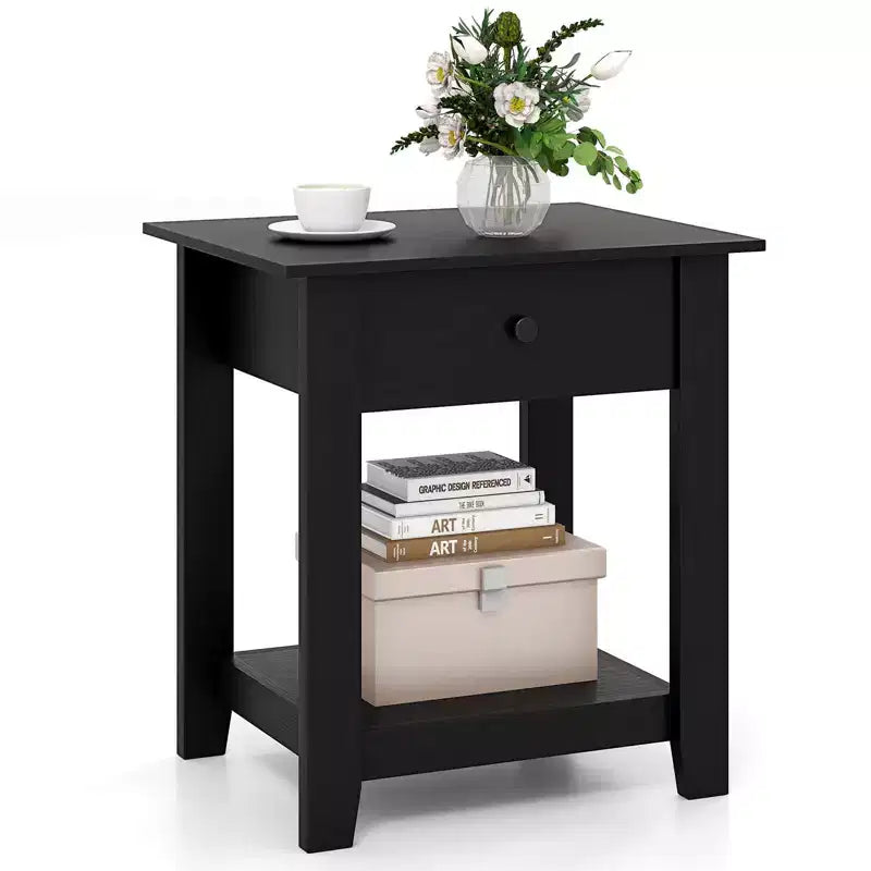 Costway 1/2 PCS Nightstand with Drawer 3-Tier Modern Bedside Table with Open Shelf Storage for Bedroom White/Black