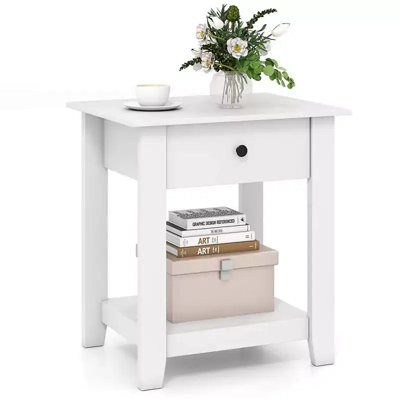 Comodino a 3 ripiani bianco/nero con cassetto e ripiano aperto, 1 o 2 pz