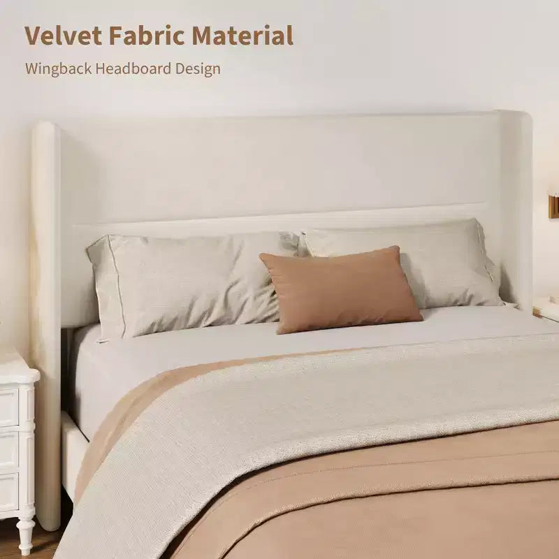 Struttura letto imbottita in velluto con testiera ad ali e doghe in legno – Twin/Full/Queen/King, vari colori