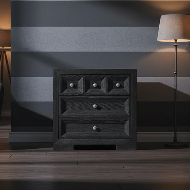 Royal Hampton Kizie Nightstand, 3 Drawers, USB A-C, Weathered Black Wood, 28 Inch