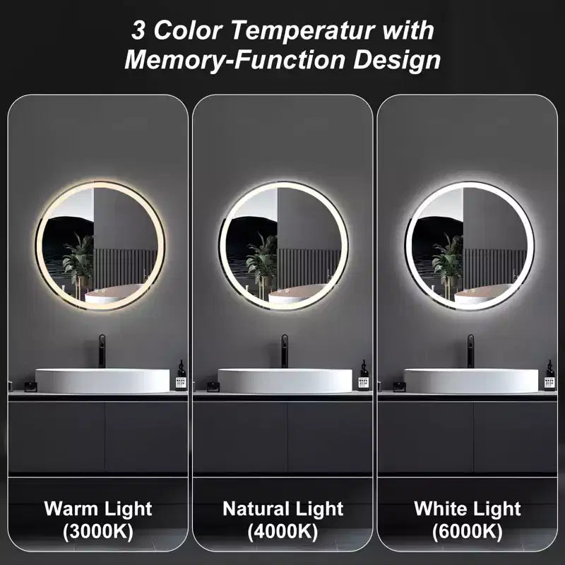 Specchio da parete rotondo, LED anti-appannamento, 3 colori di luce, dimmerabile, uso singolo