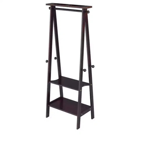 Appendiabiti da terra in legno alto 150 cm con 3 ripiani aperti e 8 ganci, Espresso/Bianco