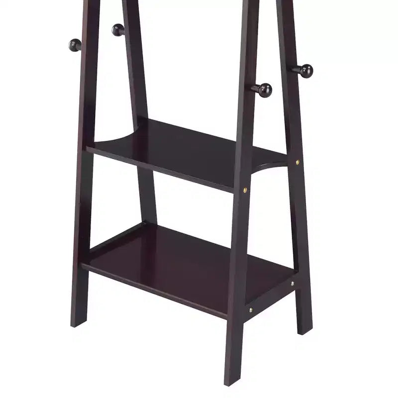 Appendiabiti da terra in legno alto 150 cm con 3 ripiani aperti e 8 ganci, Espresso/Bianco