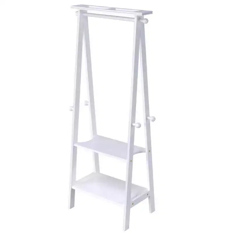 Appendiabiti da terra in legno alto 150 cm con 3 ripiani aperti e 8 ganci, Espresso/Bianco