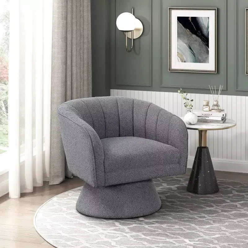 Poltrona girevole accentuata con schienale a botte, rivestimento in tessuto bouclé, beige/grigio scuro, 1 posto