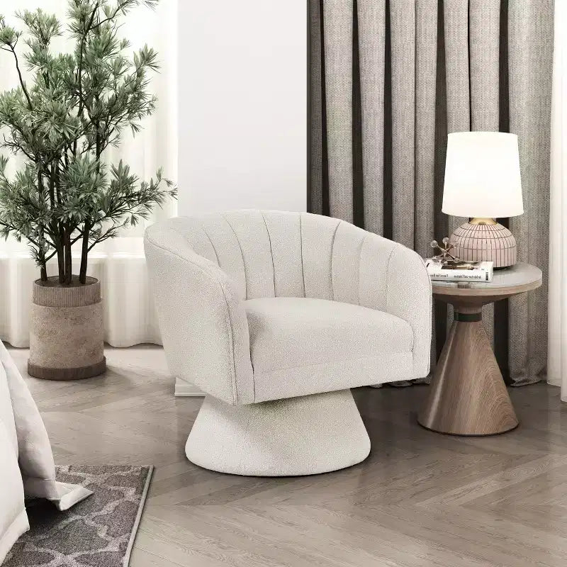Poltrona girevole accentuata con schienale a botte, rivestimento in tessuto bouclé, beige/grigio scuro, 1 posto