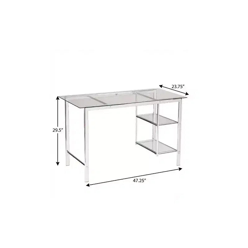 Scrivania con piano in vetro trasparente e struttura in metallo, telaio argento, 1 persona, 119 cm